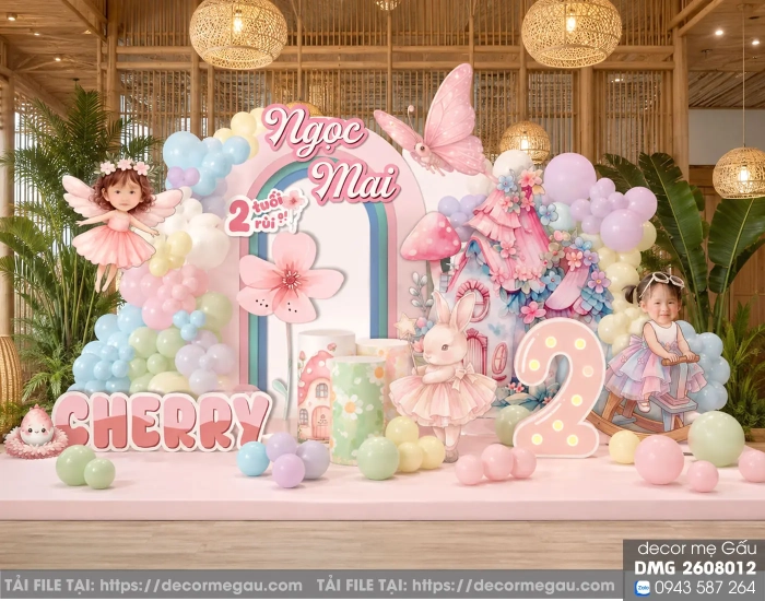 File Thiết Kế Backdrop Sinh Nhật Bé Gái Chủ Đề Cổ Tích Bé Ngọc Mai 2 Tuổi Tông Hồng Pastel