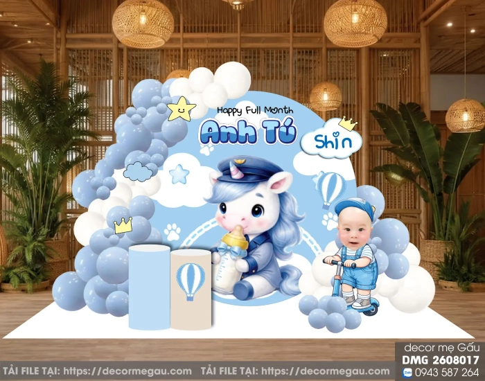 Mẫu Backdrop Đầy Tháng Bé Trai Tuổi Ngọ Tông Xanh Dương Dễ Thương – DMG 2608017
