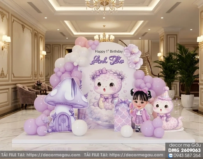 File Thiết Kế Backdrop Thôi Nôi Bé Gái Tuổi Tỵ Tông Tím Pastel Dễ Thương – Anh Thư