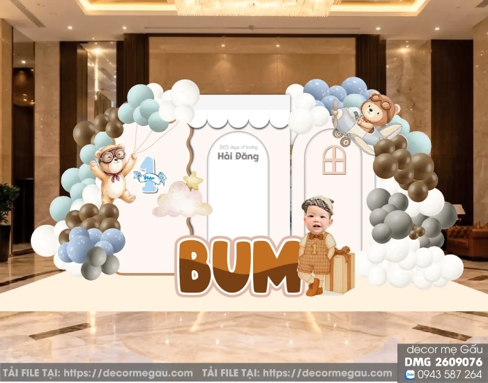 File Thiết Kế Backdrop Thôi Nôi Sinh Nhật Bé Trai Chủ Đề Gấu Phi Công Màu Xanh Nâu Be