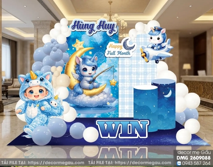 File Thiết Kế Backdrop Đầy Tháng Bé Trai Tuổi Ngọ Chủ Đề Kỳ Lân Blue Unicorn Dễ Thương