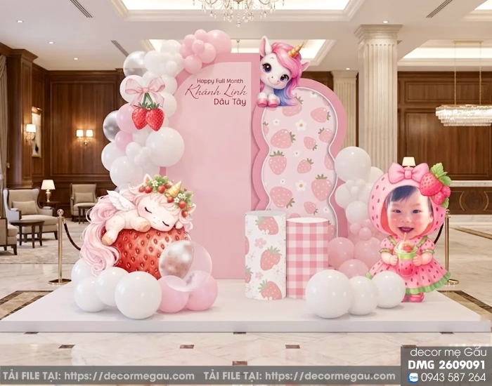 File Thiết Kế Backdrop Đầy Tháng Bé Gái Tuổi Ngọ Chủ Đề Kỳ Lân Dâu Tây Dễ Thương