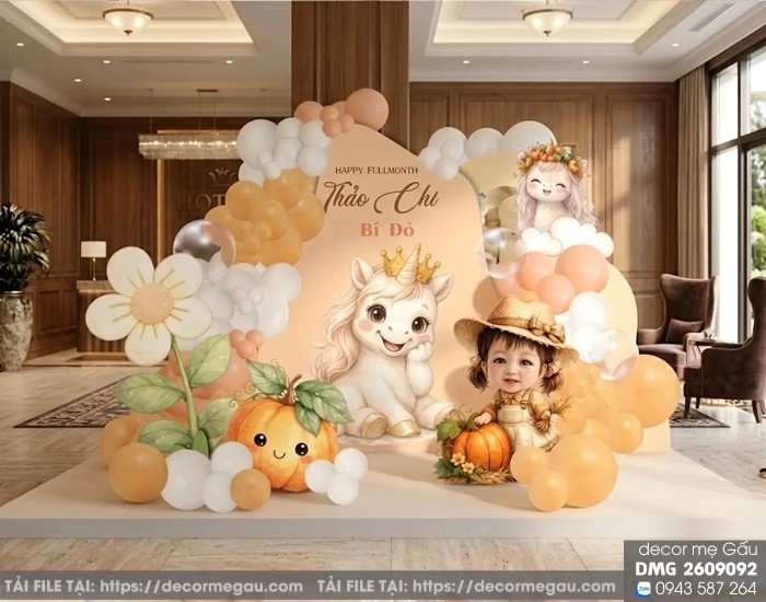 File Thiết Kế Backdrop Đầy Tháng Bé Gái Tuổi Ngọ Đáng Yêu – Tông Cam Be Ấm Áp
