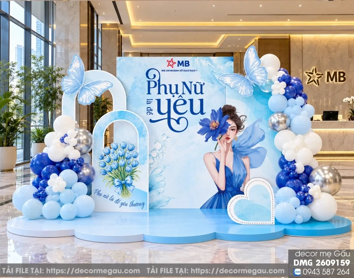 File thiết kế backdrop 20/10 – 8/3 “Phụ Nữ Là Để Yêu” tone xanh dương sang trọng