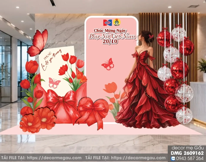File Thiết Kế Backdrop 20/10 Chúc Mừng Ngày Phụ Nữ Việt Nam Tone Đỏ Hồng Sang Trọng