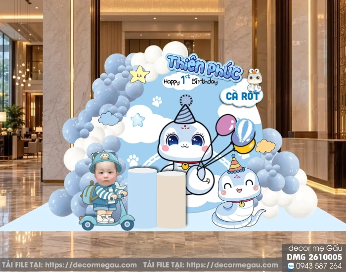 File Thiết Kế Backdrop Thôi Nôi Bé Trai Tuổi Tỵ Tông Xanh Dương Dễ Thương