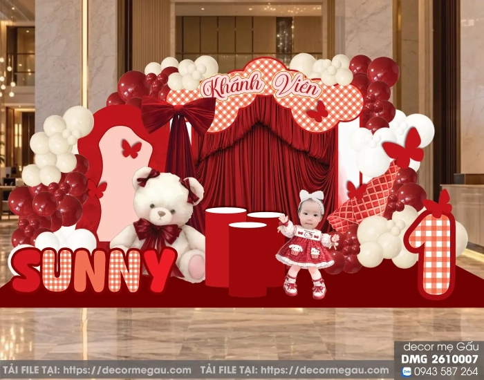 File Thiết Kế Backdrop Sinh Nhật Bé Gái Chủ Đề Gấu Teddy Tone Đỏ Nổi Bật