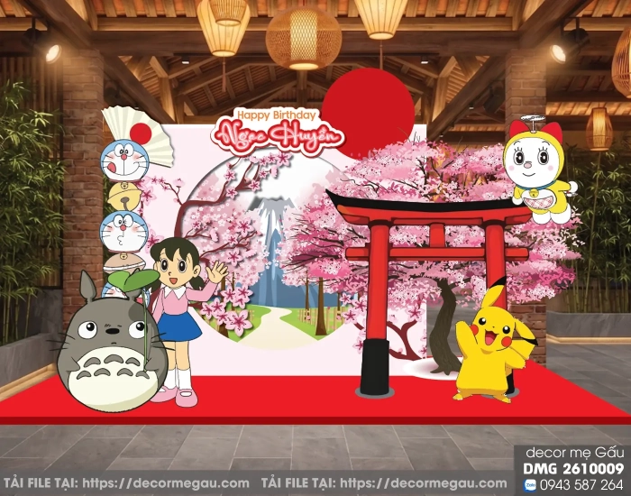 File Thiết Kế Backdrop Sinh Nhật Bé Gái Chủ Đề Hoạt Hình Nhật Bản Doraemon Totoro Pikachu