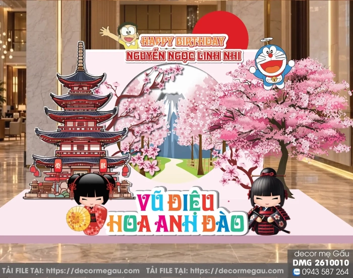 File Thiết Kế Backdrop Sinh Nhật Bé Gái Chủ Đề Doraemon Và Xứ Sở Hoa Anh Đào